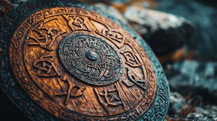 Fototapeta premium Focused view of a Viking warrior's engraved shield depicting Norse symbols.