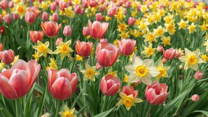 Obraz premium Vibrant spring tulips and daffodils in full bloom, ample copy space, spring flowers, illustration, petals
