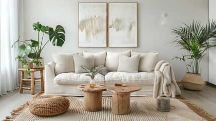 Serene Living Room Interior Design: Minimalist Beige and Natural Elements
