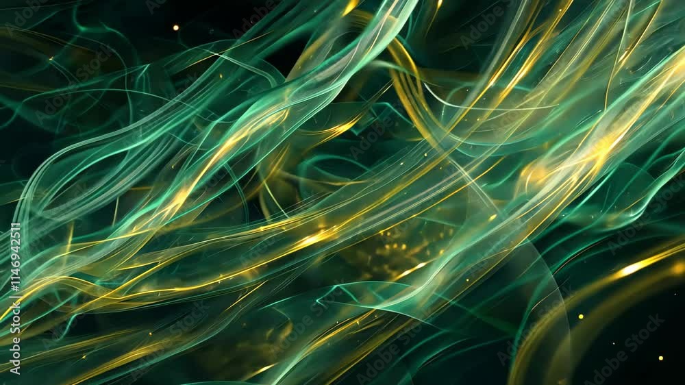 Poster vibrant swirls of green and gold intertwine, producing an ethereal effect with sparkling particles t