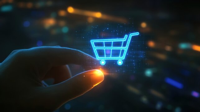 Glowing shopping cart hologram digital sale promotion poster design for holiday shopping season.