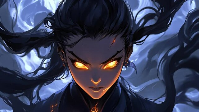 Powerful sorceress with glowing eyes emanating magical energy