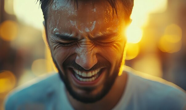 Man crying tears of happiness, his expression unguarded and pure, bright sunlight reflecting his joy and emotion, a blurred background, .