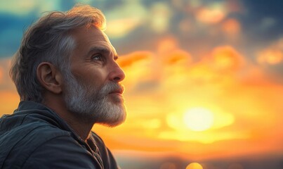 Man savoring a quiet moment, his expression serene with gratitude as he watches the sunrise, gentle warm tones painting the sky, .