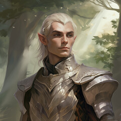 Portrait of a white-haired male elf warrior in a forest from a fantasy world.