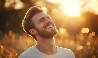 Man with a playful smile as he throws his head back in laughter, sunlight highlighting his cheekbones, soft golden bokeh in the background, .