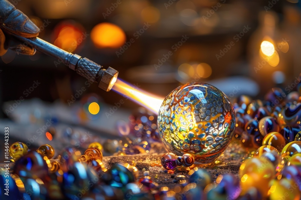 Poster glass beads being created with precision as bright colors illuminate the workspace during an artisti
