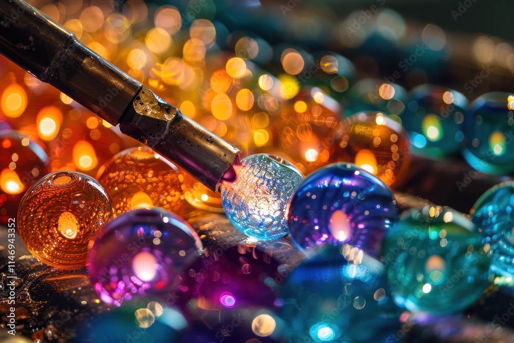 Poster glass beads being created with precision as bright colors illuminate the workspace during an artisti