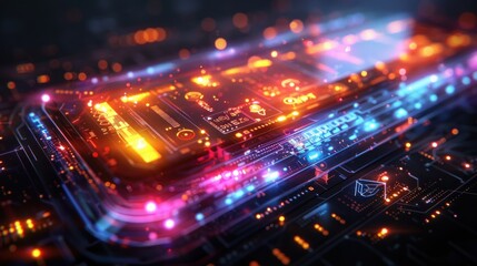 Obraz premium Futuristic Circuitry: A close-up of a vibrant, glowing circuit board with intricate details and data streams, showcasing advanced technology.