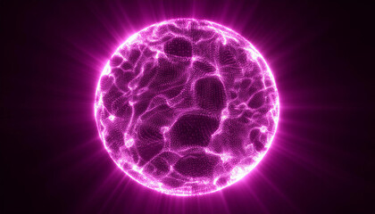 Neon pink energy sphere of particles and waves of magical glowing. Abstract round shape.