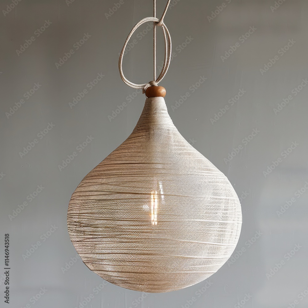 Poster a white ceiling pendant light with beige yarn in the shape of an oval, isolated on a clear backgroun
