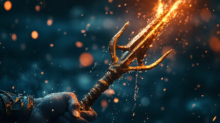 Naklejka premium Close-up of a trident held by Poseidon, with water droplets and an oceanic glow.
