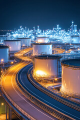 A detailed view of an oil refinery plant at dusk, showcasing intricate pipelines, tanks, and towers with crisp image clarity.
