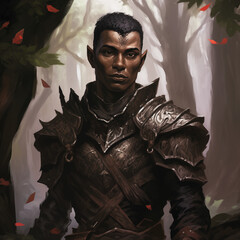 Portrait of a dark complexion male elf warrior in a forest from a fantasy world.