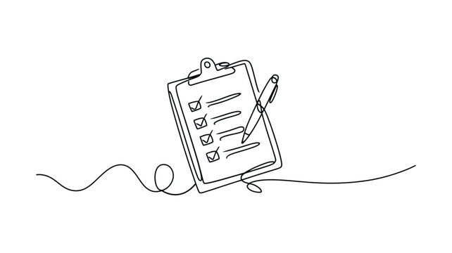 Minimalist Line Art Checklist | One-Line Drawing of Task Clipboard and Pen | Vector Illustration Design