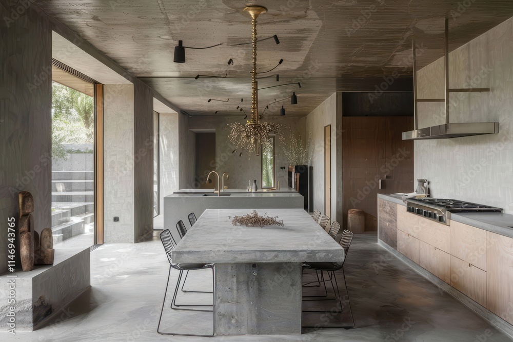 Poster modern dining area featuring minimalist design with sculptural table and unique lighting in a contem