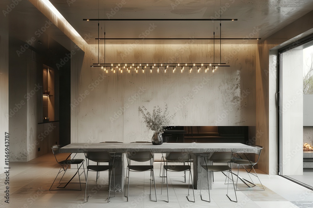 Poster modern dining area featuring minimalist design with sculptural table and unique lighting in a contem