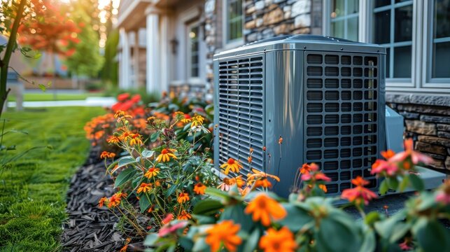 Residential Air Conditioning Unit in a Landscaped Garden Setting