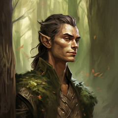 Portrait of a male dark-haired elf wearing leather in a forest from a fantasy world. 