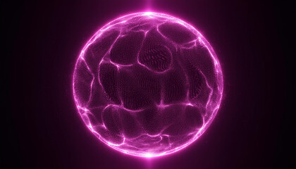 Neon pink energy sphere of particles and waves of magical glowing. Abstract round shape.