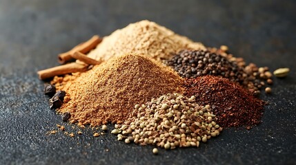 Collection of ground spices sprinkled on dark surface © Thirakun