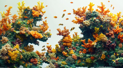 A coral reef bursting with warm tones of orange, yellow, and red, intertwined with vibrant green kelp. Schools of colorful fish swim around while small crustaceans nestle in the coral. Highly detailed