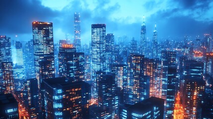 Fototapeta premium Futuristic city skyline at night, illuminated skyscrapers.