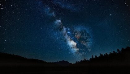 Fototapeta premium Stunning night sky filled with stars and a bright Milky Way galaxy above a forested landscape