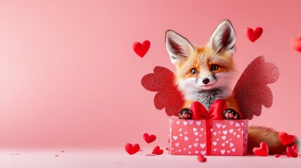 Fototapeta premium Cute fox with heart-shaped wings and gifts celebrates love on a pink background