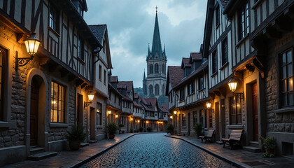 Obraz premium Charming cobblestone street in a historic town illuminated by warm lantern light with a towering church spire in the background