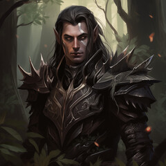 Portrait of a evil male elf in a forest from a fantasy world.