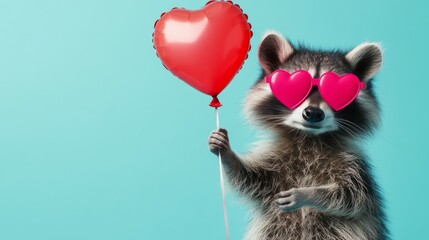 Cute raccoon holds heart-shaped balloon in playful pose under bright blue background