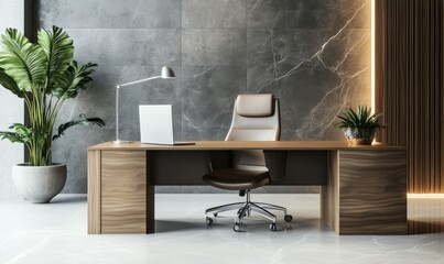 Minimalist office space with a mocha mousse ergonomic chair and a sleek wooden desk.