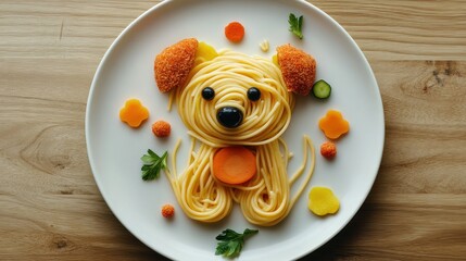 Cute spaghetti dog shaped kids meal on plate.