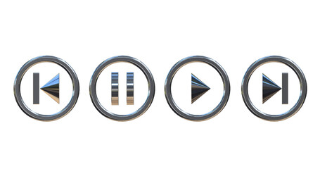 Silver media player buttons on png transparent background.