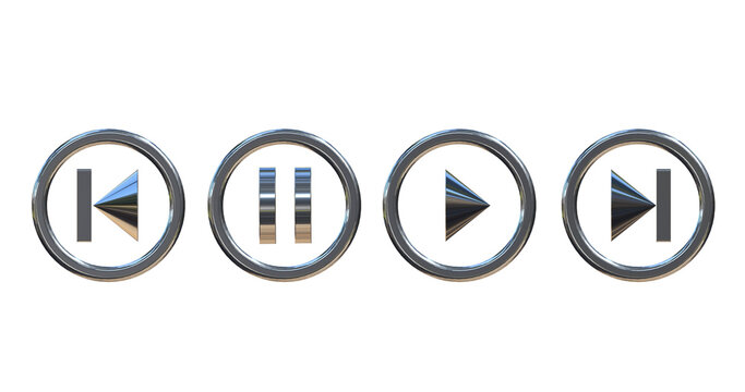 Silver media player buttons on png transparent background.