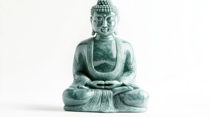 Obraz premium Elegant green jade Buddha statue carved with traditional patterns and fine details, isolated on a white background.