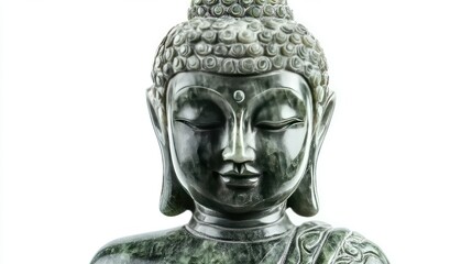 Obraz premium Elegant green jade Buddha statue carved with traditional patterns and fine details, isolated on a white background.