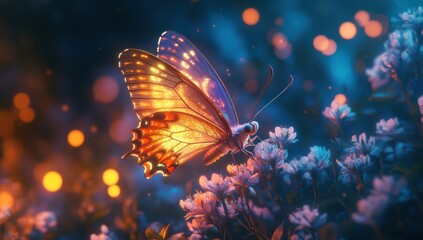 Glowing Butterfly on Flower in Night Garden