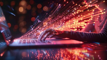 Digital Data Stream: A Person Typing on a Laptop with Light Trails