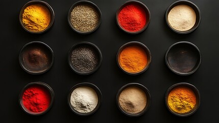 Bold colors of spices arranged in circles on black