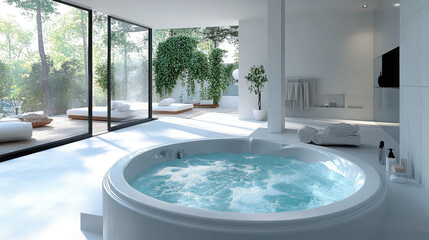 modern jacuzzi with clean water in stylish white bathroom, spa, bathtub, interior