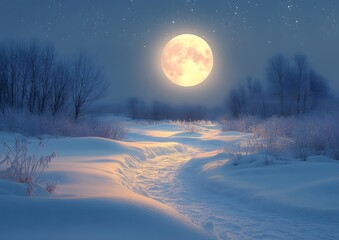 Frosty Winter Night Landscape with full moon