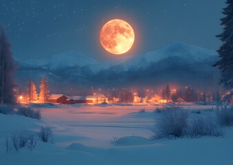 Frosty Winter Night Landscape with full moon