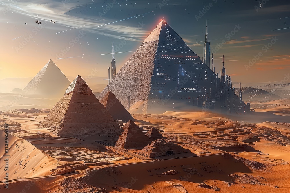 Aufkleber distant futuristic cityscape with pyramids in the desert under a starry sky at sunset, highlighting 