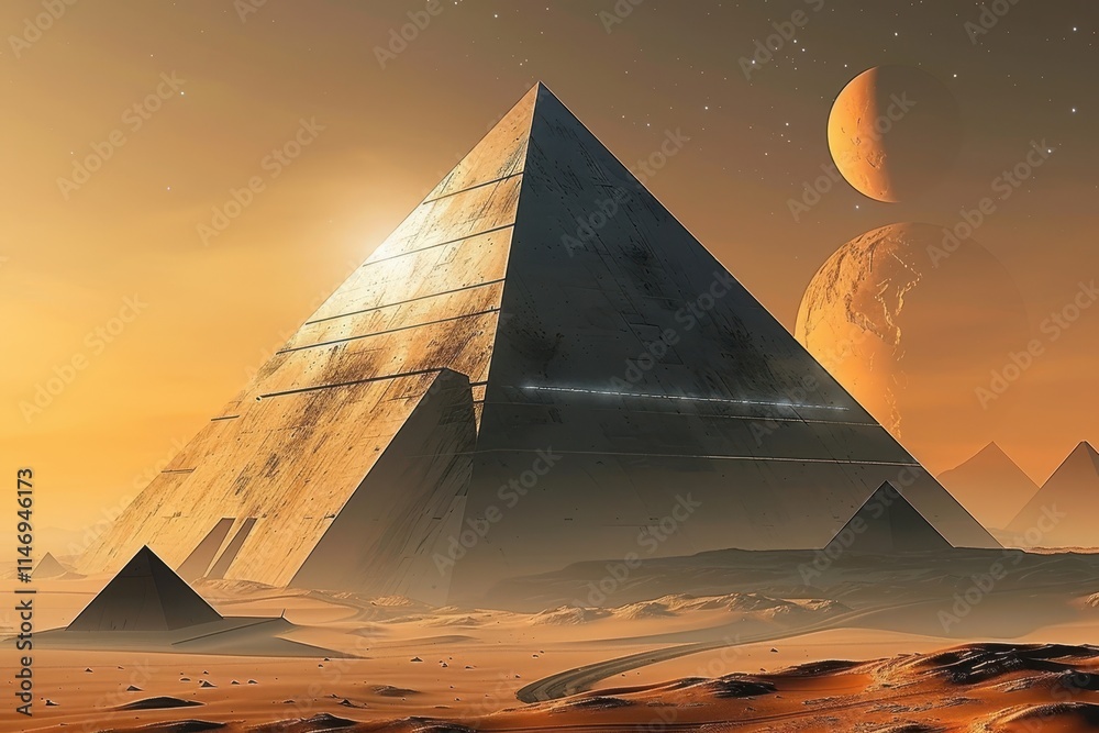 Poster distant futuristic cityscape with pyramids in the desert under a starry sky at sunset, highlighting 
