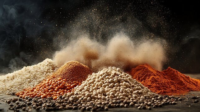Selection of global spices against dark artistic backdrop