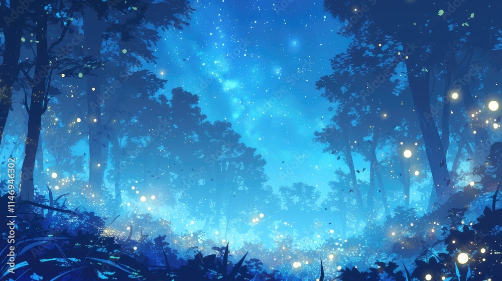 Poster mystical forest filled with glowing fireflies and soft blue light creating an enchanting atmosphere 
