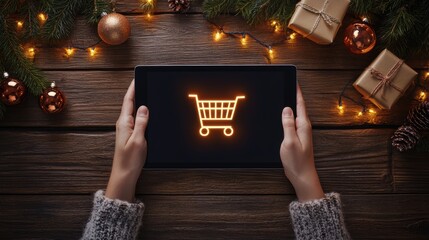 Glowing shopping cart hologram digital sale promotion poster design for holiday shopping season.
