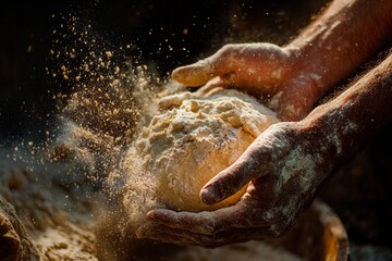 Hands skillfully knead dough in a rustic setting, capturing the art of bread making